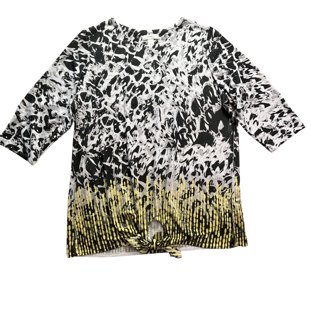 CJ Banks 1X Black and White Print Blouse with Front Tie and Yellow Bottom